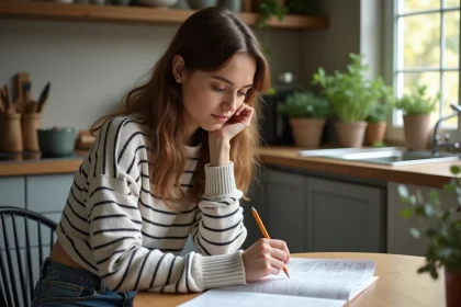 Jeune femme concentrée sur un livre de mots croises dans une cuisine moderne