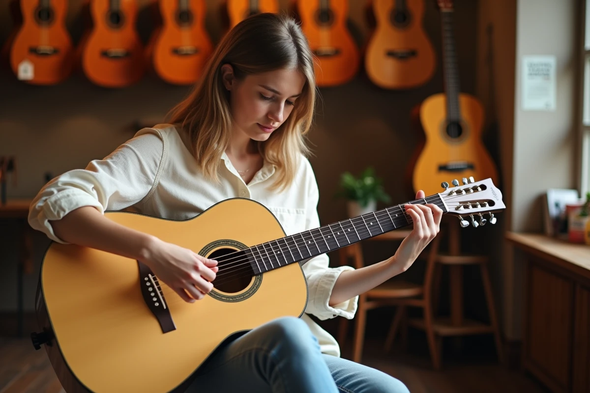 Jeune femme examinant une guitare acoustique Atlantic dans une boutique de musique chaleureuse