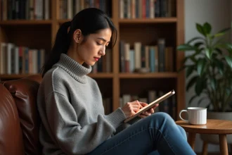 Femme lisant un roman numérique sur une tablette dans un salon confortable entouré de livres