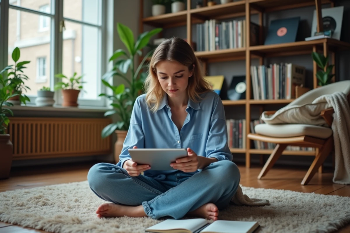 Jeune femme assise sur le sol lisant et prenant des notes