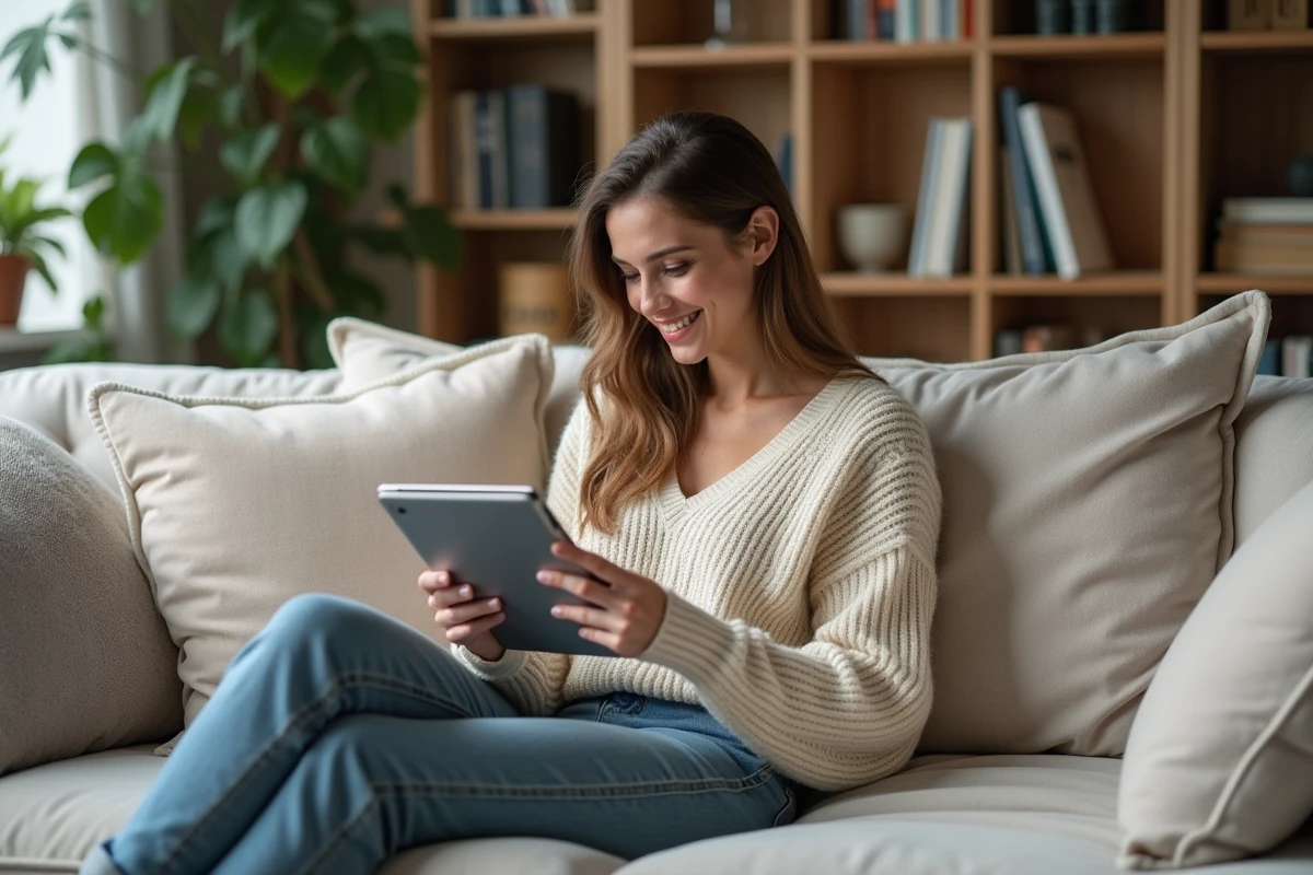 Femme lisant sur un sofa dans un salon scandinave chaleureux