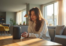 Jeune femme dans un salon moderne parlant à un haut-parleur intelligent