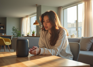 Jeune femme dans un salon moderne parlant à un haut-parleur intelligent