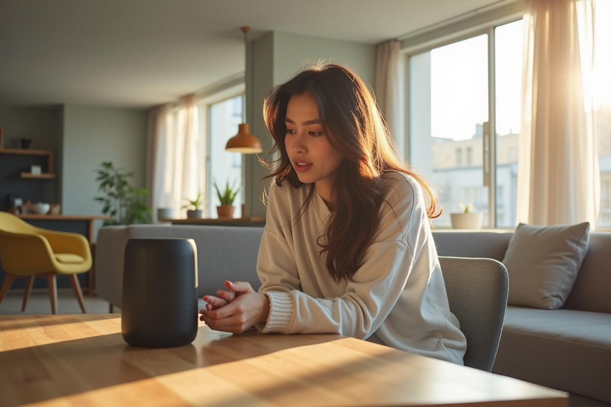 Jeune femme dans un salon moderne parlant à un haut-parleur intelligent