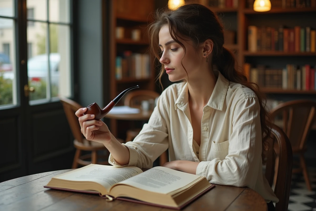 Jeune femme tenant une pipe en bois dans un café parisien, entourée de livres de philosophie ouverts