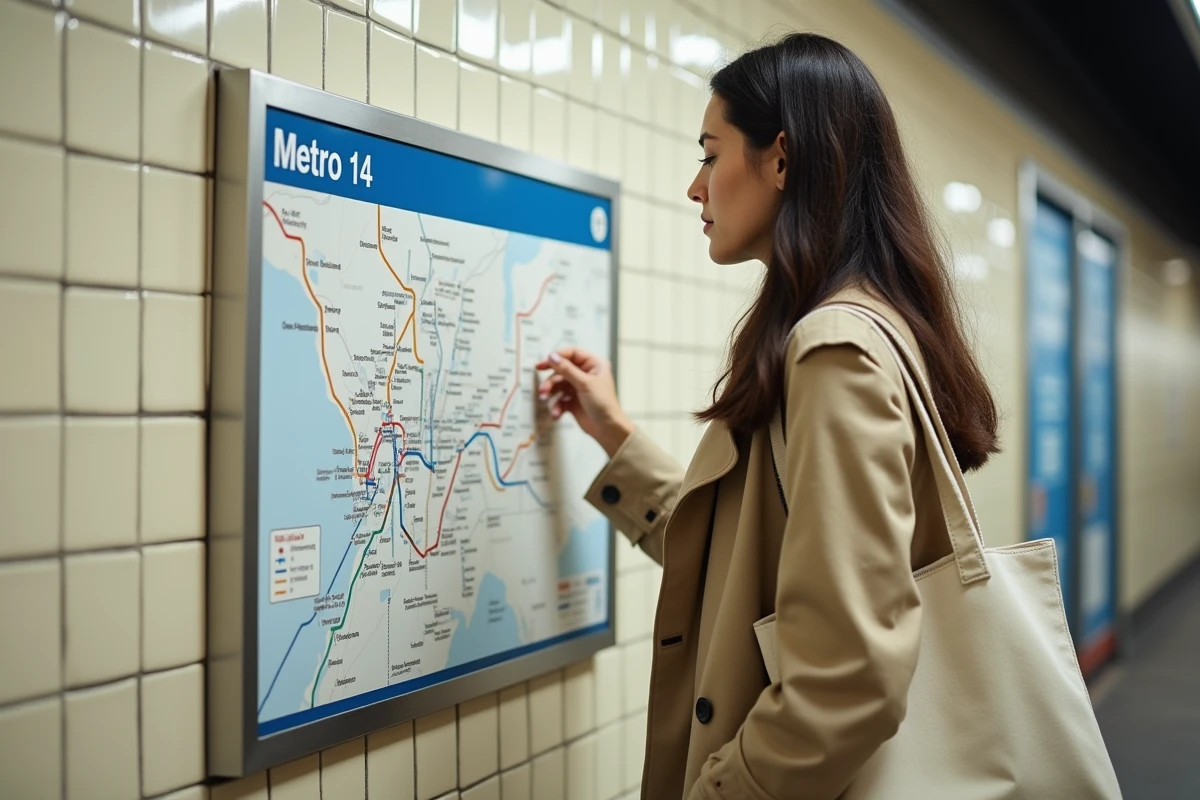 Femme consultant le plan de la ligne 14 du métro de Paris affiché sur le mur d'une station