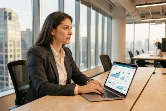 Femme professionnelle utilisant la plateforme Covalence pour piloter des données de transition énergétique dans un espace de co-working moderne
