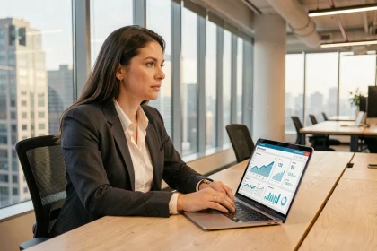 Femme professionnelle utilisant la plateforme Covalence pour piloter des données de transition énergétique dans un espace de co-working moderne