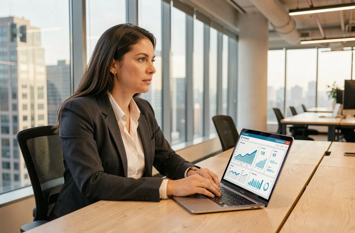 Femme professionnelle utilisant la plateforme Covalence pour piloter des données de transition énergétique dans un espace de co-working moderne
