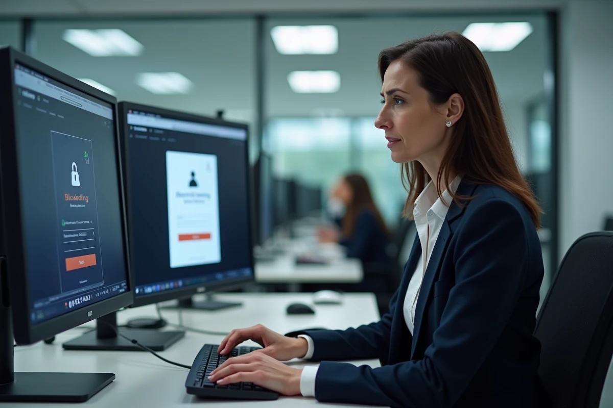 Femme professionnelle tentant de se connecter à un portail douanier bloqué sur un poste de travail en entreprise