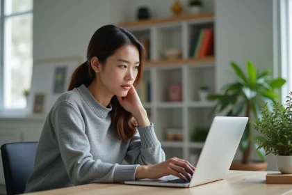 Femme cherchant l'adresse officielle de Kolrag sur son ordinateur portable dans un bureau à domicile moderne