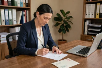 Femme rédigeant une lettre recommandée formelle à son bureau à domicile