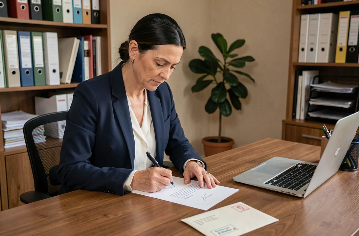 Femme rédigeant une lettre recommandée formelle à son bureau à domicile