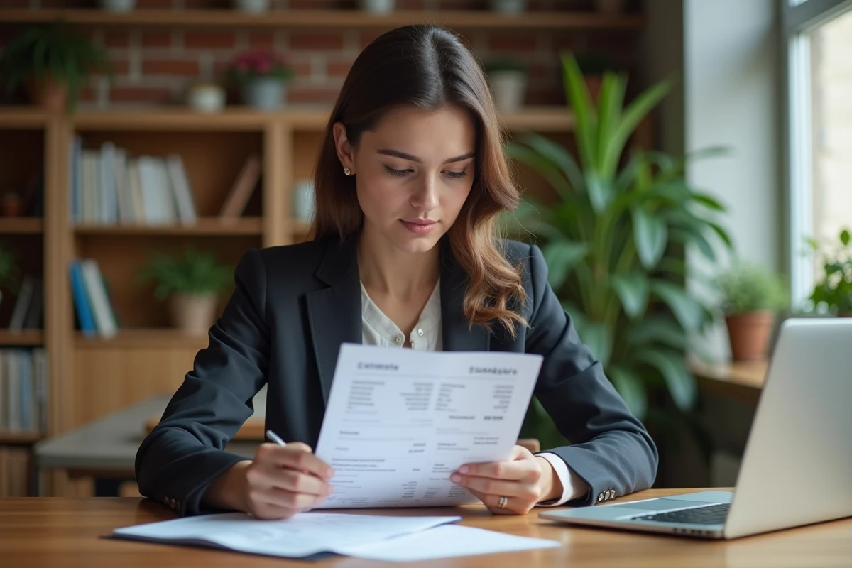 Jeune femme regardant une facture dentaire à la maison