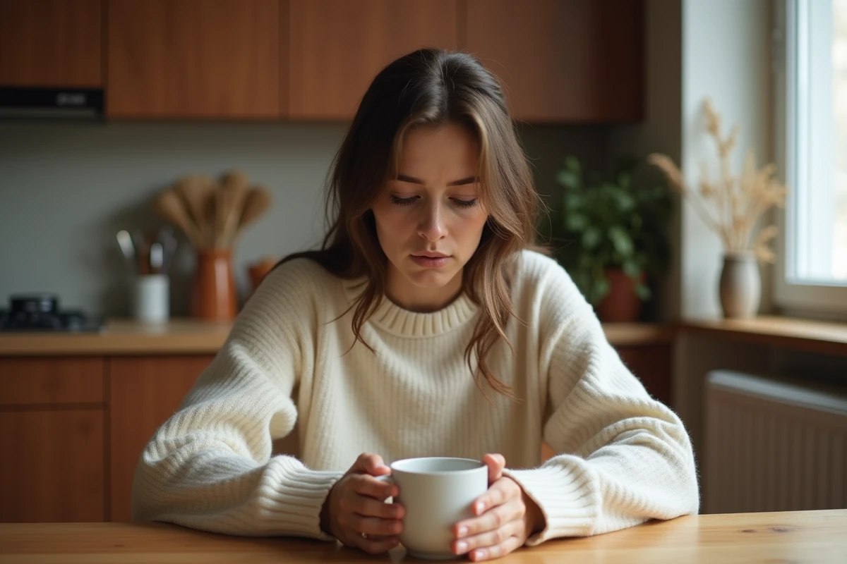 Femme seule à une table de cuisine tenant un café froid, regard baissé évoquant la confusion émotionnelle face au silence d'un partenaire narcissique