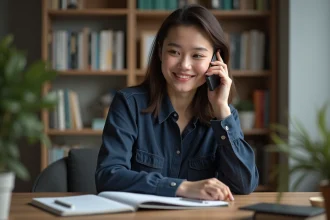 Jeune femme au téléphone dans un bureau à domicile chaleureux