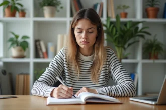 Jeune femme concentrée écrivant dans un carnet au bureau