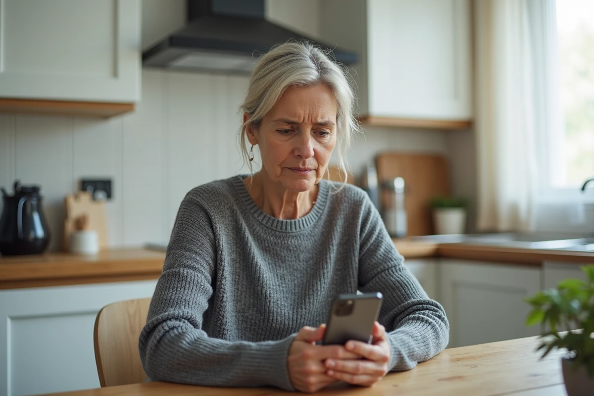 Femme vérifiant un numéro de téléphone inconnu sur son smartphone dans une cuisine, illustrant la vigilance face aux indicatifs suspects
