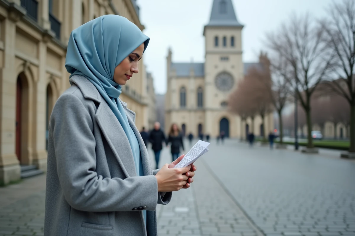 Jeune femme voilée consultant les horaires de prière devant la cathédrale de Reims, symbolisant la pratique islamique en France