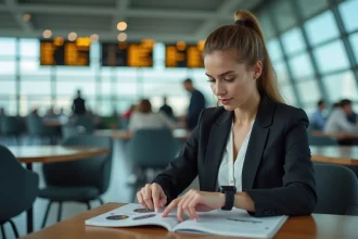 Jeune femme vérifiant l'heure dans un café d'aéroport