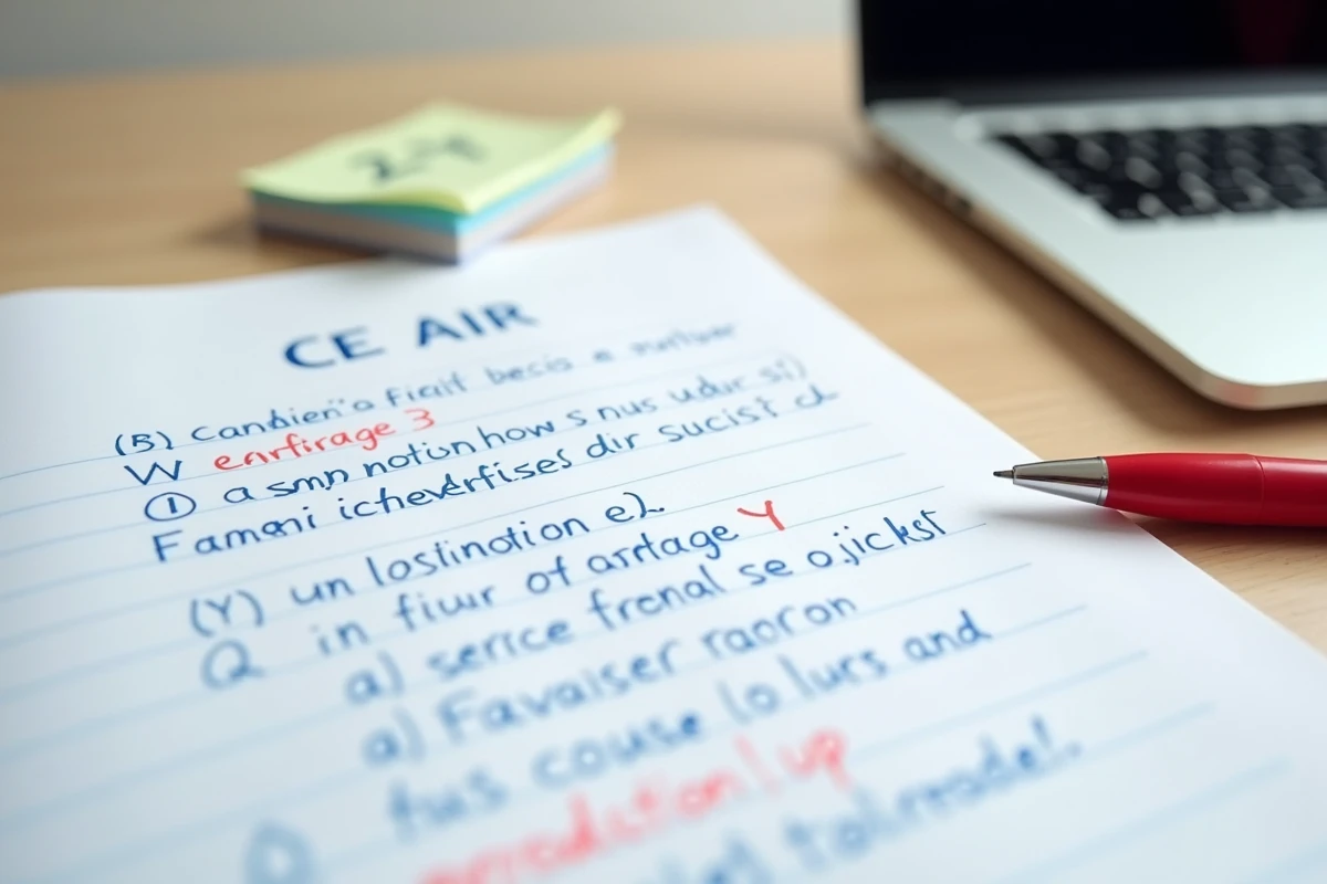 Gros plan sur une feuille d'exercices manuscrite avec des majuscules et des corrections en rouge pour préparer l'épreuve de français au Bac