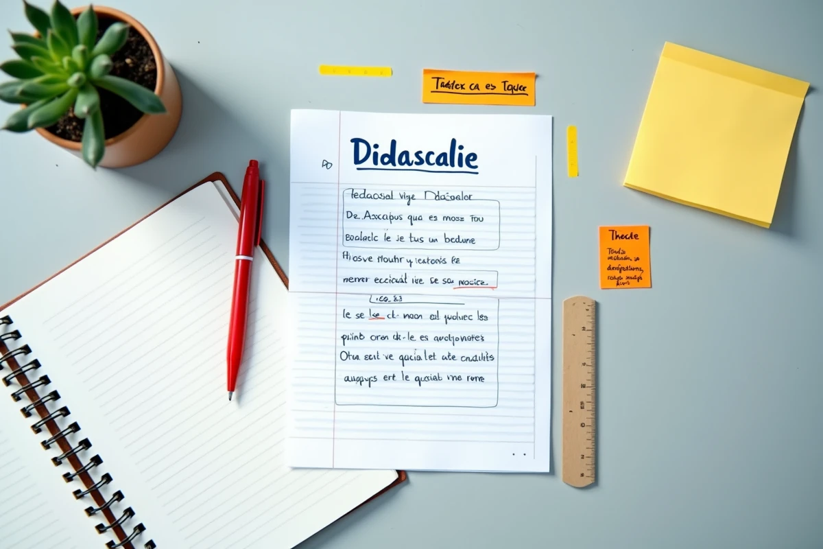 Vue de dessus d'une fiche mémo manuscrite sur la didascalie avec des extraits de pièce de théâtre surlignés