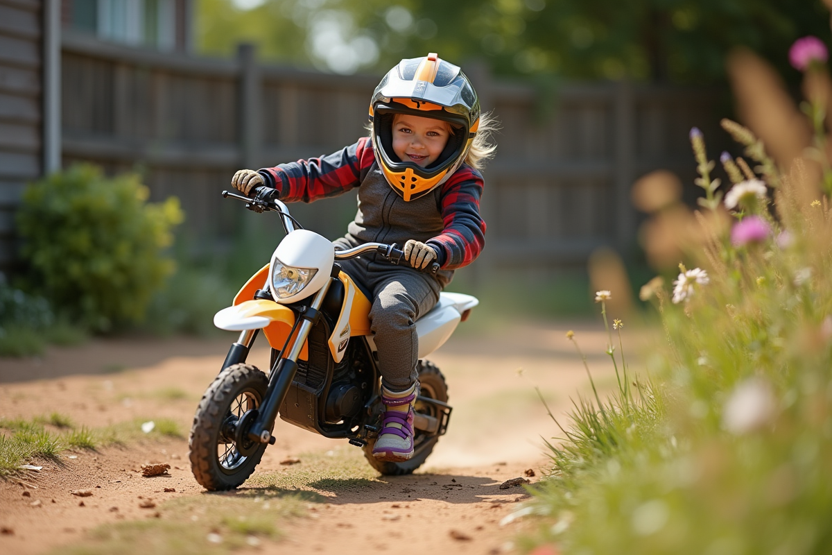 Fille de huit ans en moto dans un jardin ensoleille