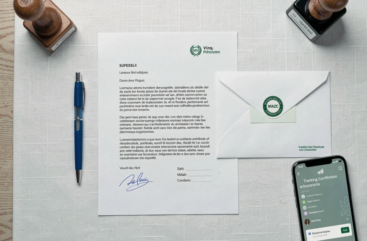 Vue aérienne d'une lettre recommandée avec accusé de réception et documents postaux