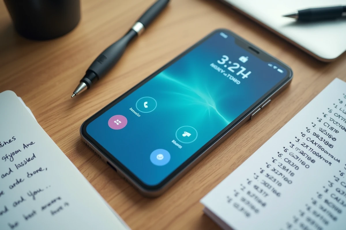 Vue de dessus d'un smartphone affichant un indicatif téléphonique inconnu posé sur un bureau avec des notes manuscrites sur les préfixes