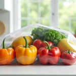 Fruits et légumes frais dans un sac ziplock sur plan de travail