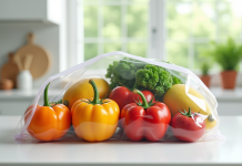 Fruits et légumes frais dans un sac ziplock sur plan de travail