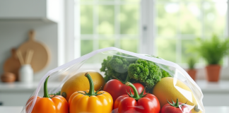 Fruits et légumes frais dans un sac ziplock sur plan de travail