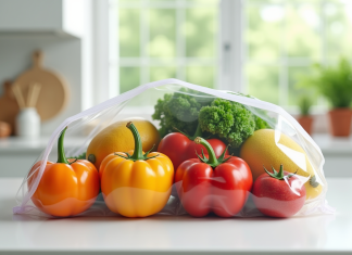 Comment conserver les fruits et légumes en Z pour prolonger leur fraîcheur Fruits et légumes frais dans un sac ziplock sur plan de travail