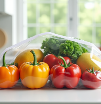 Fruits et légumes frais dans un sac ziplock sur plan de travail