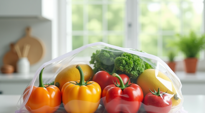 Fruits et légumes frais dans un sac ziplock sur plan de travail