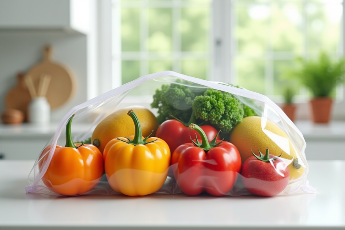 Fruits et légumes frais dans un sac ziplock sur plan de travail