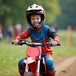 Garçon de sept ans en motocross souriant en extérieur