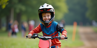 Comparatif des motos enfant Yamaha : laquelle sied le mieux à votre petit pilote ? Garçon de sept ans en motocross souriant en extérieur