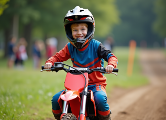 Garçon de sept ans en motocross souriant en extérieur