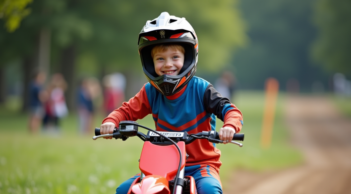 Garçon de sept ans en motocross souriant en extérieur