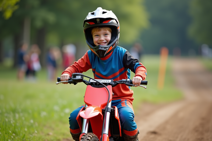 garcon-motocross-enfant Garçon de sept ans en motocross souriant en extérieur