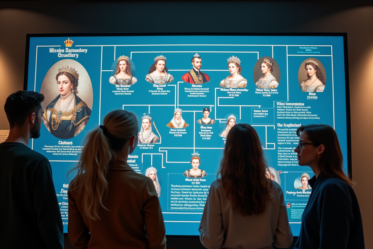 Groupe étudiant regardant un écran tactile avec arbre généalogique royal