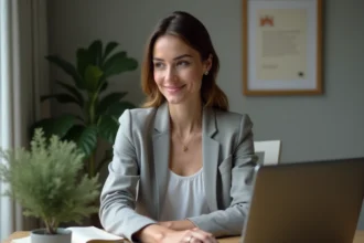 Femme utilisant un ordinateur portable pour gérer plusieurs dossiers administratifs familiaux en ligne depuis son bureau à domicile