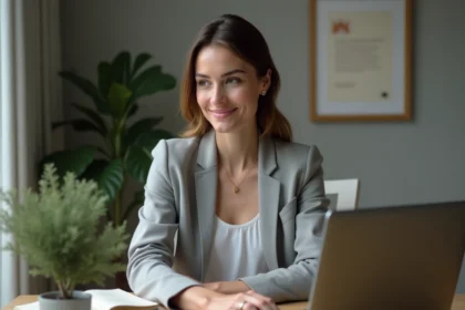Femme utilisant un ordinateur portable pour gérer plusieurs dossiers administratifs familiaux en ligne depuis son bureau à domicile