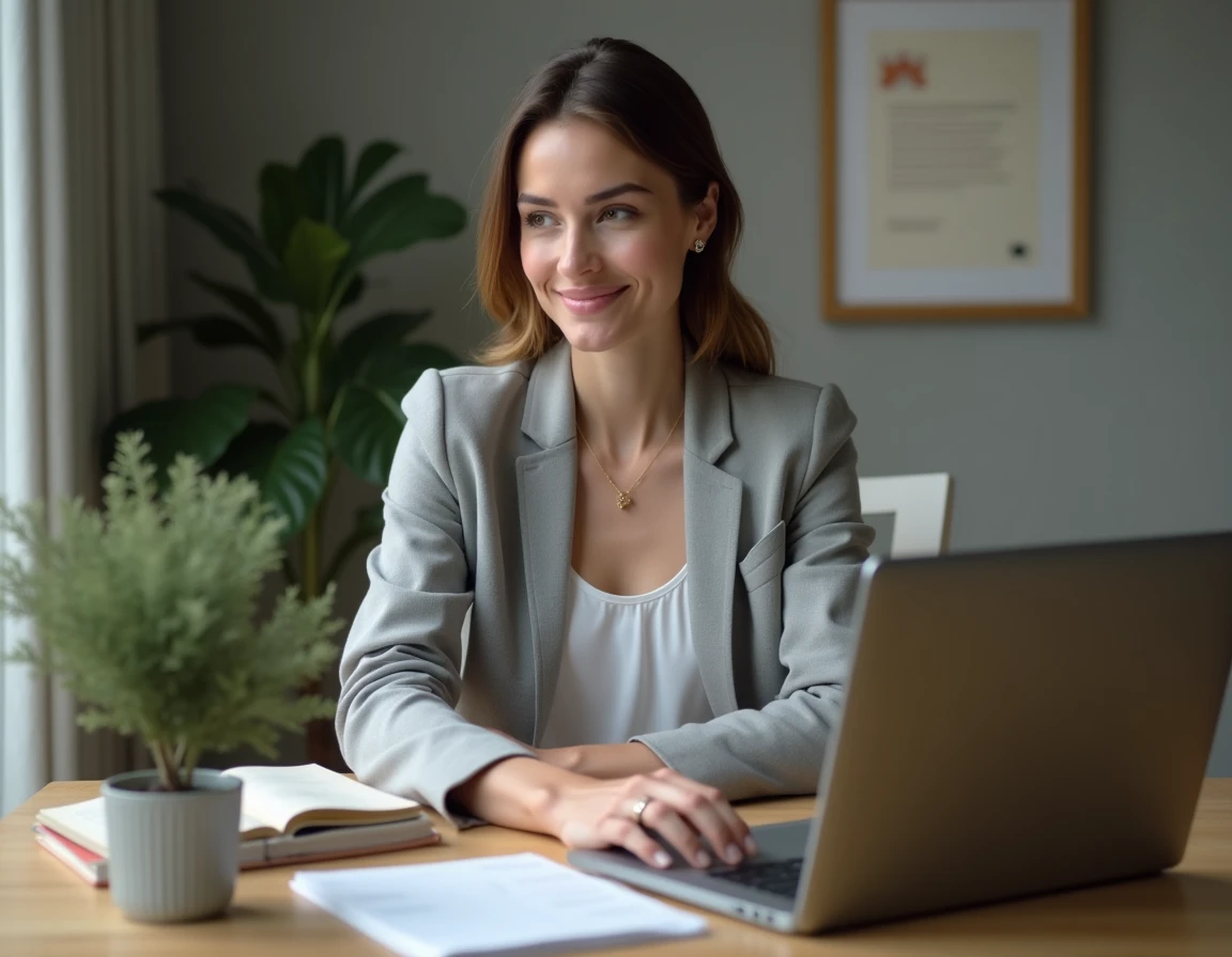 Femme utilisant un ordinateur portable pour gérer plusieurs dossiers administratifs familiaux en ligne depuis son bureau à domicile