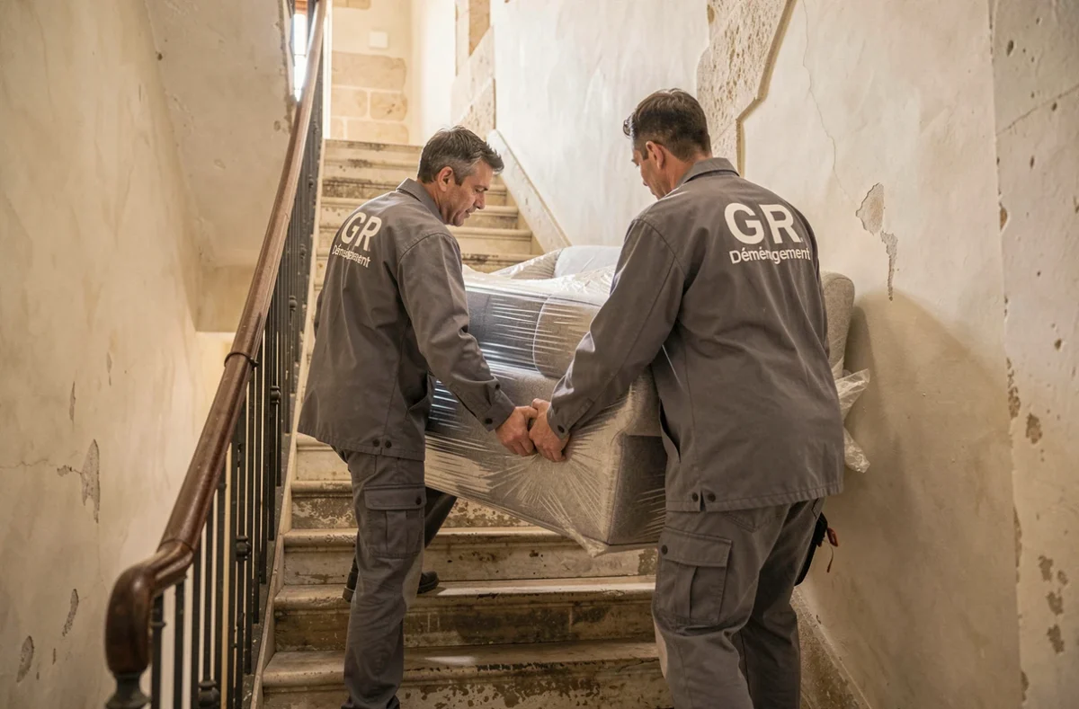 Deux déménageurs de GR Déménagement portant un canapé emballé dans un escalier en pierre étroit