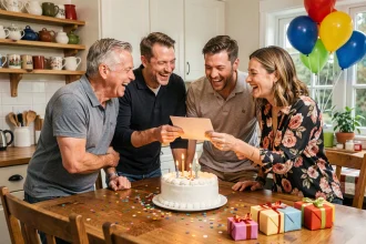 Groupe d'amis qui rient ensemble autour d'un gâteau d'anniversaire en lisant une carte humoristique