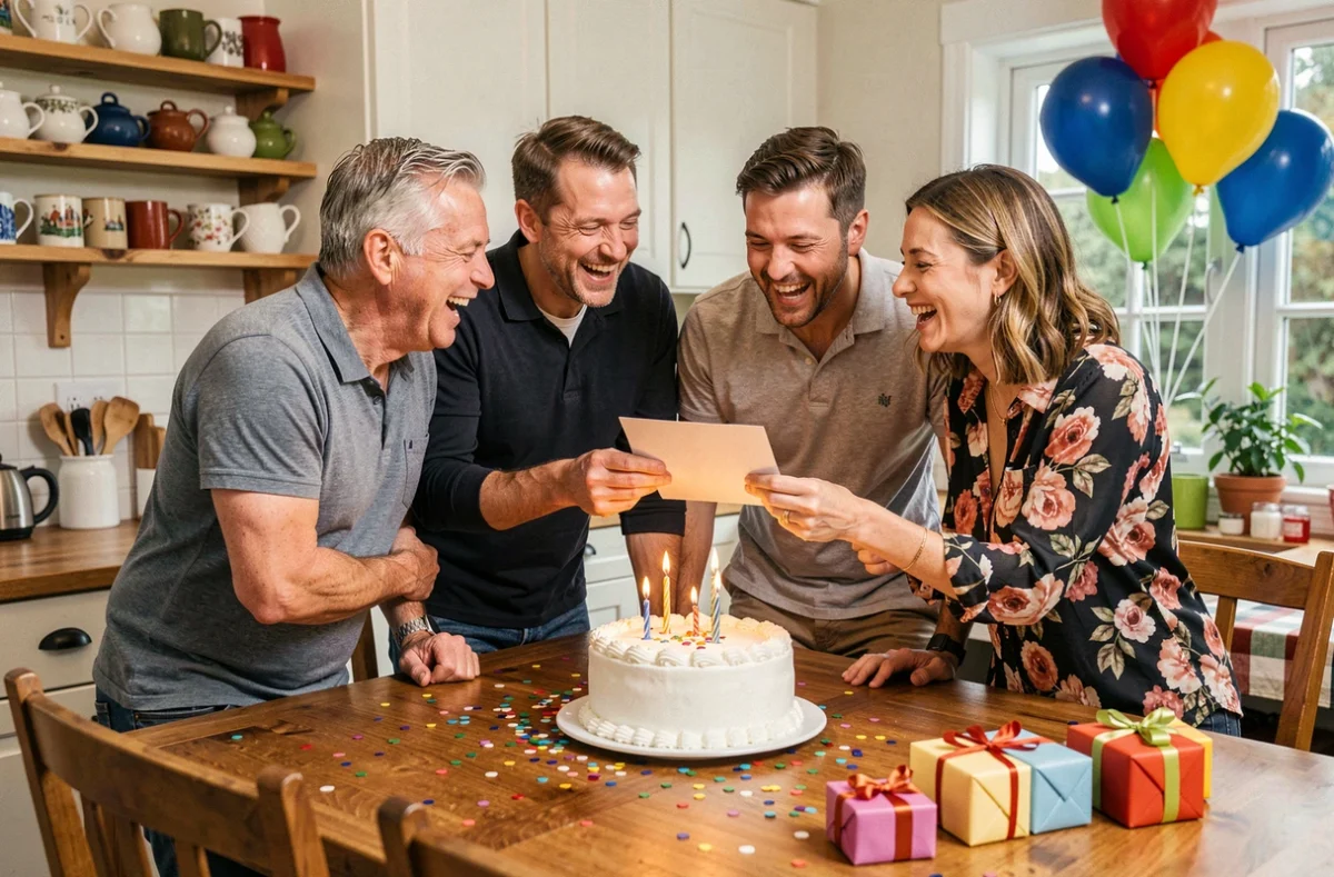 Groupe d'amis qui rient ensemble autour d'un gâteau d'anniversaire en lisant une carte humoristique