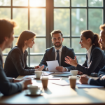 Groupe de collaborateurs en réunion dans un bureau lumineux