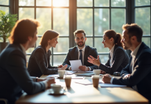 Groupe de collaborateurs en réunion dans un bureau lumineux
